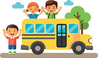 A yellow school bus with three children on top of it vector