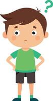 Confused cartoon boy with question mark standing with hands on hips on white background vector