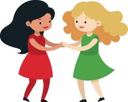 Two young girls are smiling and holding hands while standing side by side. vector