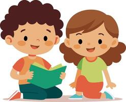 Animated children reading book together, happy kids learning and enjoying story time vector