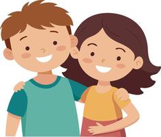 Two Smiling Kids Hugging Each Other Happily. vector