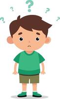 Confused cartoon boy with question mark standing with hands on hips on white background vector
