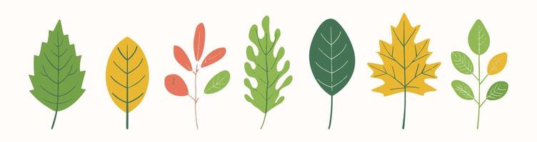 Tree collection hand drawn flat design element. botanical set of bare trees and ones with leaves and lush limited pastel color vector