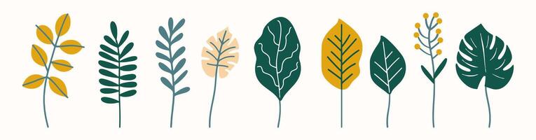 Tree collection hand drawn flat design element. botanical set of bare trees and ones with leaves and lush limited pastel color vector