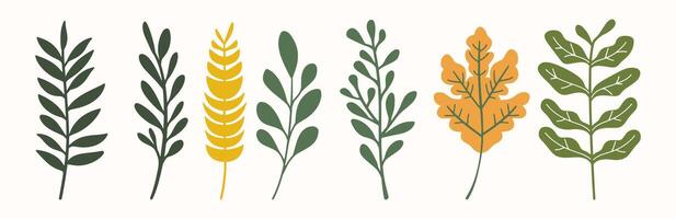 Tree collection hand drawn flat design element. botanical set of bare trees and ones with leaves and lush limited pastel color vector