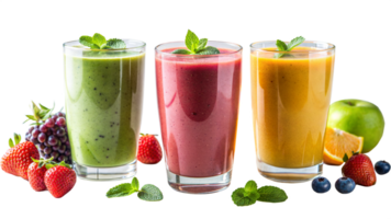 Three different colored smoothies are lined up on a table with fruit and mint png