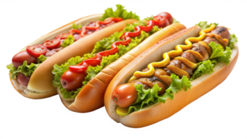 Three hot dogs with different toppings are displayed on a transparent background png