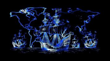 Glowing looping Columbus Day European ships setting sail for exploration. neon frame effect, black background. video