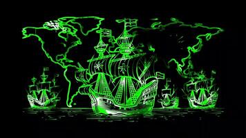 Glowing looping Columbus Day European ships setting sail for exploration. neon frame effect, black background. video