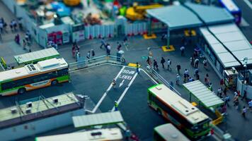 A timelapse of Shibuya bus rotary in Tokyo high angle tiltshift panning video
