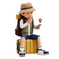 3D Traveller Character Sitting on a Suitcase and checking the GPS Location on smart phone png