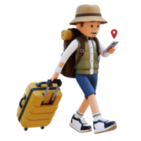 3d viajero personaje comprobación mapa en teléfono mientras caminando y Halar maleta png