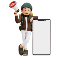3D Traveller Character Holding Megaphone and Lying on Big Empty Phone Screen png