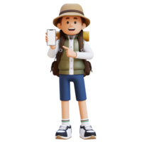 3D Traveller Character Pointing to Empty Phone Screen png