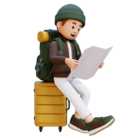 3D Traveller Character Sitting on a Suitcase and Checking the Map png