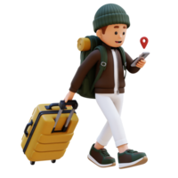 3D Traveller Character Checking Map on Phone while Walking and Pull Suitcase png