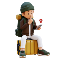 3D Traveller Character Sitting on a Suitcase and checking the GPS Location on smart phone png