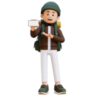3D Traveller Character Presenting on Empty Phone Screen png