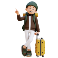 3D Traveller Character Lying on Suitcase while pointing up png