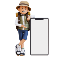 3D Traveller Character Presenting and Lying on Big Empty Phone Screen png
