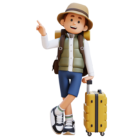 3d viajero personaje acostado en maleta mientras señalando arriba png