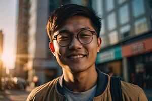 Smiling happy young student Asian man in sunglasses in the city center with flowing hair and in the sunlight. Portrait, UV protection, optics. photo