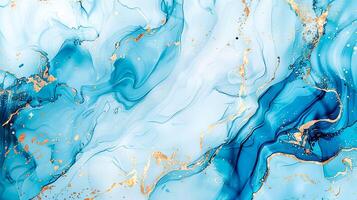 Modern blue and gold abstract marble background with turquoise accents, featuring fluid liquid ink swirls and golden glitter waves in a watercolor texture, creating a luxurious and elegant composition photo