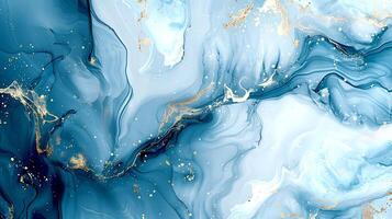 Modern blue and gold abstract marble background with turquoise accents, featuring fluid liquid ink swirls and golden glitter waves in a watercolor texture, creating a luxurious and elegant composition photo