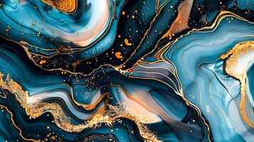 Modern Artistic Design with Gold, Blue, Grey, and Turquoise Accents, Fluid Ink and Watercolor Patterns, Abstract Waves and Swirls, and Luxurious Marble Texture Background photo