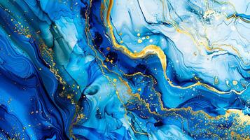 Modern blue and gold abstract marble background with turquoise accents, featuring fluid liquid ink swirls and golden glitter waves in a watercolor texture, creating a luxurious and elegant composition photo