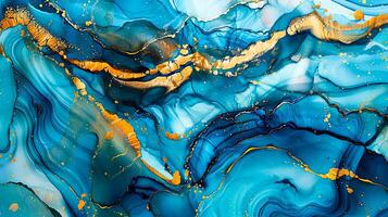 Modern blue and gold abstract marble background with turquoise accents, featuring fluid liquid ink swirls and golden glitter waves in a watercolor texture, creating a luxurious and elegant composition photo
