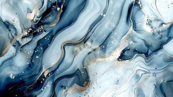 Modern blue, grey and gold abstract marble background with turquoise accents, featuring fluid liquid ink swirls and golden glitter waves in a watercolor texture a luxurious and elegant composition photo