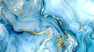 Modern blue and gold abstract marble background with turquoise accents, featuring fluid liquid ink swirls and golden glitter waves in a watercolor texture, creating a luxurious and elegant composition photo