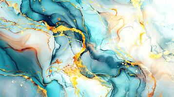 Modern blue, grey and gold abstract marble background with turquoise accents, featuring fluid liquid ink swirls and golden glitter waves in a watercolor texture a luxurious and elegant composition photo
