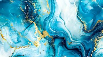 Modern blue and gold abstract marble background with turquoise accents, featuring fluid liquid ink swirls and golden glitter waves in a watercolor texture, creating a luxurious and elegant composition photo