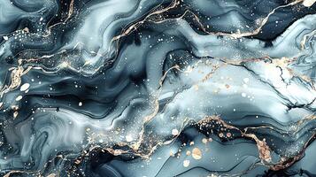 Modern blue, grey and gold abstract marble background with turquoise accents, featuring fluid liquid ink swirls and golden glitter waves in a watercolor texture a luxurious and elegant composition photo