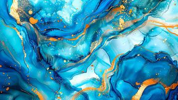 Modern blue and gold abstract marble background with turquoise accents, featuring fluid liquid ink swirls and golden glitter waves in a watercolor texture, creating a luxurious and elegant composition photo