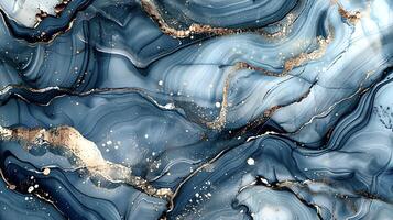 Modern blue, grey and gold abstract marble background with turquoise accents, featuring fluid liquid ink swirls and golden glitter waves in a watercolor texture a luxurious and elegant composition photo