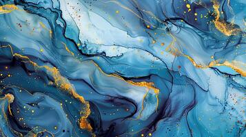Modern blue, grey and gold abstract marble background with turquoise accents, featuring fluid liquid ink swirls and golden glitter waves in a watercolor texture a luxurious and elegant composition photo