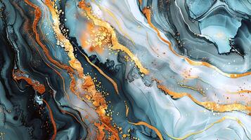 Modern Artistic Design with Gold, Blue, Grey, and Turquoise Accents, Fluid Ink and Watercolor Patterns, Abstract Waves and Swirls, and Luxurious Marble Texture Background photo