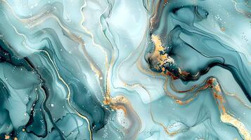 Modern blue, grey and gold abstract marble background with turquoise accents, featuring fluid liquid ink swirls and golden glitter waves in a watercolor texture a luxurious and elegant composition photo