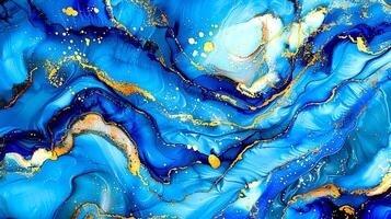 Modern blue and gold abstract marble background with turquoise accents, featuring fluid liquid ink swirls and golden glitter waves in a watercolor texture, creating a luxurious and elegant composition photo