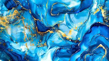 Modern blue and gold abstract marble background with turquoise accents, featuring fluid liquid ink swirls and golden glitter waves in a watercolor texture, creating a luxurious and elegant composition photo