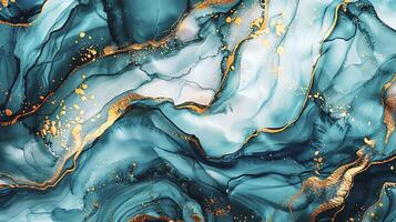Modern blue, grey and gold abstract marble background with turquoise accents, featuring fluid liquid ink swirls and golden glitter waves in a watercolor texture a luxurious and elegant composition photo