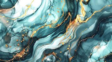 Modern blue, grey and gold abstract marble background with turquoise accents, featuring fluid liquid ink swirls and golden glitter waves in a watercolor texture a luxurious and elegant composition photo