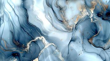 Modern blue, grey and gold abstract marble background with turquoise accents, featuring fluid liquid ink swirls and golden glitter waves in a watercolor texture a luxurious and elegant composition photo