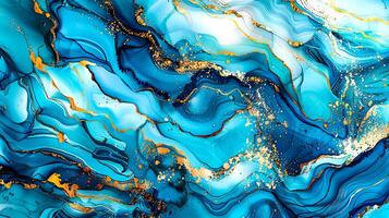 Modern blue and gold abstract marble background with turquoise accents, featuring fluid liquid ink swirls and golden glitter waves in a watercolor texture, creating a luxurious and elegant composition photo
