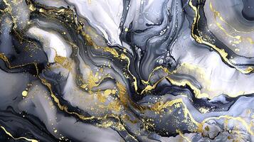 Modern blue, grey and gold abstract marble background with turquoise accents, featuring fluid liquid ink swirls and golden glitter waves in a watercolor texture a luxurious and elegant composition photo