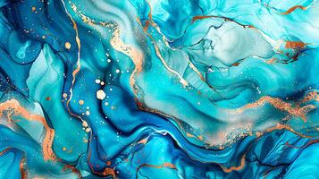 Modern blue and gold abstract marble background with turquoise accents, featuring fluid liquid ink swirls and golden glitter waves in a watercolor texture, creating a luxurious and elegant composition photo