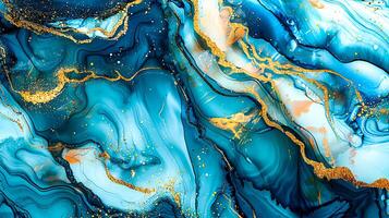 Modern Artistic Design with Gold, Blue, Grey, and Turquoise Accents, Fluid Ink and Watercolor Patterns, Abstract Waves and Swirls, and Luxurious Marble Texture Background photo